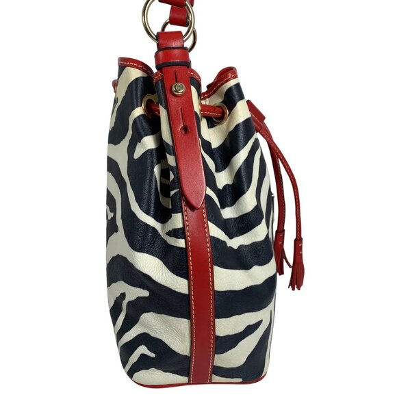 DOONEY BOURKE Zebra Drawstring Bucket Bag Red Leather Trim Buckle Strap EUC - Picture 5 of 15